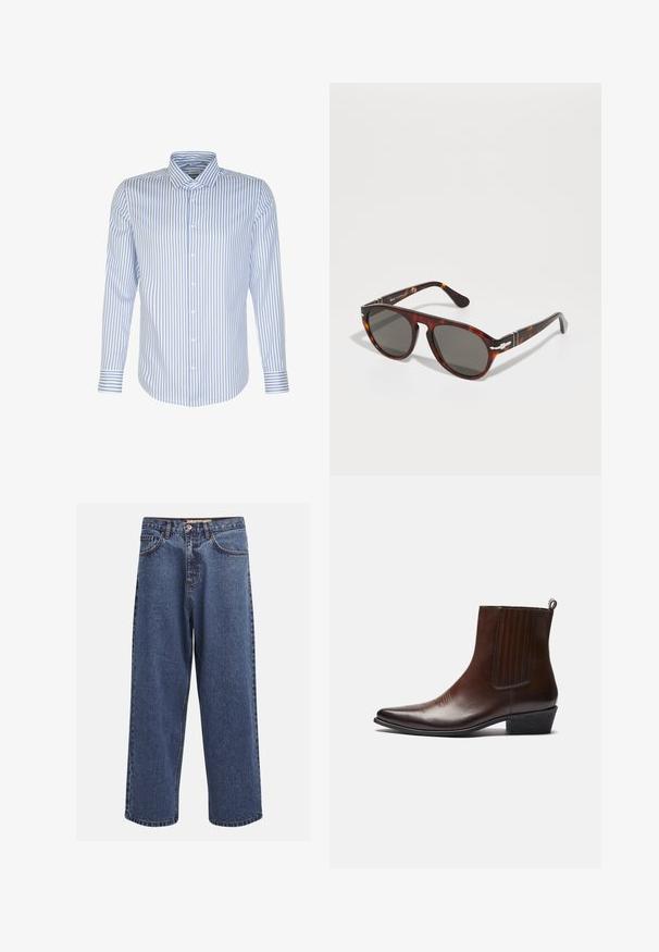 Groene leren jas met een ritsluiting, kraag, twee zijzakken en een gladde textuur. Eenvoudig, modern ontwerp zonder patronen.; Heren overhemd met lange mouwen, lichtblauwe en witte strepen, knoopsluiting aan de voorkant, klassieke kraag, katoen stof, soepele textuur, gebogen zoom.; Brede blauwe denim jeans met een vervaagde afwerking, voorzien van een knoopsluiting, vijf zakken en contrasterende stiksels langs de naden.; Bruine leren enkelboot met een spitse neus, elastische zijpanelen, textuurdetails aan de voorkant en een lage gestapelde hak.; schildpadbril met grijze glazen. Glad plastic frame, ronde vorm, metalen accenten op de tempels. Lichtreflecterend oppervlak.