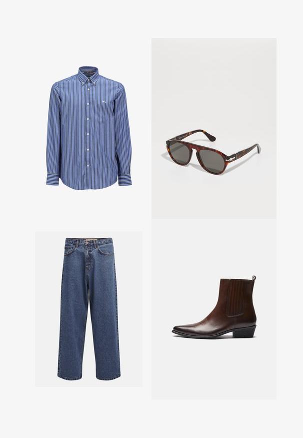 Groene leren jas met een ritsluiting, kraag, twee zijzakken en een gladde textuur. Eenvoudig, modern ontwerp zonder patronen.; Blauw-wit gestreepte button-up shirt met kraag, lange mouwen en een klein logo op de borst. Gladde stof, klassieke pasvorm.; Brede blauwe denim jeans met een vervaagde afwerking, voorzien van een knoopsluiting, vijf zakken en contrasterende stiksels langs de naden.; Bruine leren enkelboot met een spitse neus, elastische zijpanelen, textuurdetails aan de voorkant en een lage gestapelde hak.;  schildpadbril met grijze glazen. Glad plastic frame, ronde vorm, metalen accenten op de tempels. Lichtreflecterend oppervlak.