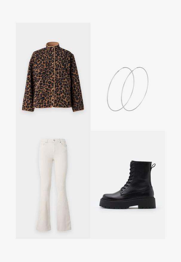 JJXX JXVERA JACKET - Flísová bunda - multi coloured; Čierny rebrovaný dlhý rukáv top s golierom, vyrobený z elastického materiálu, s priliehavou siluetou a jemnou textúrou.; Béžové kordové rozšírené nohavice s vysokým pásom, s kovovým zapínaním, pútkami na opasok a viditeľnou ribbed textúrou po celom povrchu.; Čierne kožené členkové topánky s okrúhlou špičkou, šnurovaním vpredu a hrubou gumovou podrážkou s textúrovaným vzorom. Sťahovací pútko na zadnej strane.; Strieborné kruhové náušnice s minimalistickým dizajnom. Cirkulárny tvar, hladký povrch a tenký profil. Ľahké s lesklým povrchom.