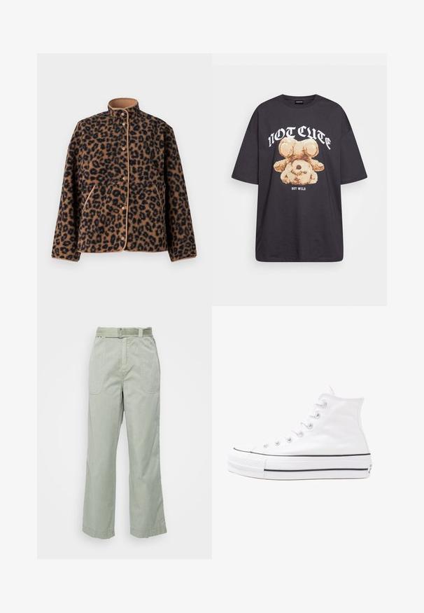 JJXX JXVERA TEDDY - Fleece jacket - multi coloured; Black oversized t-shirt featuring a graphic of a bear with the text “NOT CUTE BUT WILD” in bold, white lettering. Cotton material.; Light green, wide-leg pants made of cotton with a belted waist, front pockets, and stitched detailing along the seams and hem.; White high-top canvas sneaker with black rubber sole, front rubber toe cap, and six eyelets for laces, featuring a clean, minimalist design.