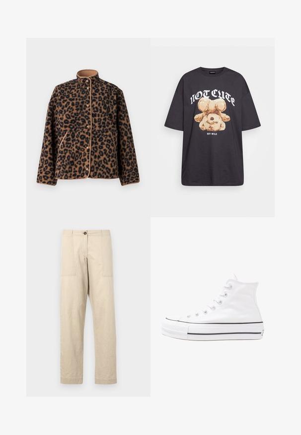 JJXX JXVERA TEDDY - Fleece jacket - multi coloured; Black oversized t-shirt featuring a graphic of a bear with the text “NOT CUTE BUT WILD” in bold, white lettering. Cotton material.; Beige cotton trousers with a straight cut, featuring front pockets, a button closure, and cuffed hems. Smooth texture and minimal design.; White high-top canvas sneaker with black rubber sole, front rubber toe cap, and six eyelets for laces, featuring a clean, minimalist design.