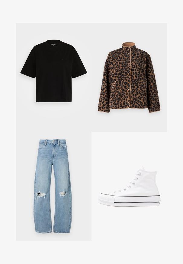 JJXX JXVERA TEDDY - Casaco polar - multi coloured; T-shirt de algodão preto com um corte descontraído, mangas curtas, decote redondo e um pequeno detalhe de logótipo no lado esquerdo do peito.; Jeans de lavagem clara, de cintura alta, feitos de denim. Apresentam pernas largas, duas áreas rasgadas nos joelhos e o estilo clássico de cinco bolsos.; Sapatilha alta de tela branca com sola de borracha preta, bico de borracha na frente e seis ilhós para os atacadores, apresentando um design limpo e minimalista.