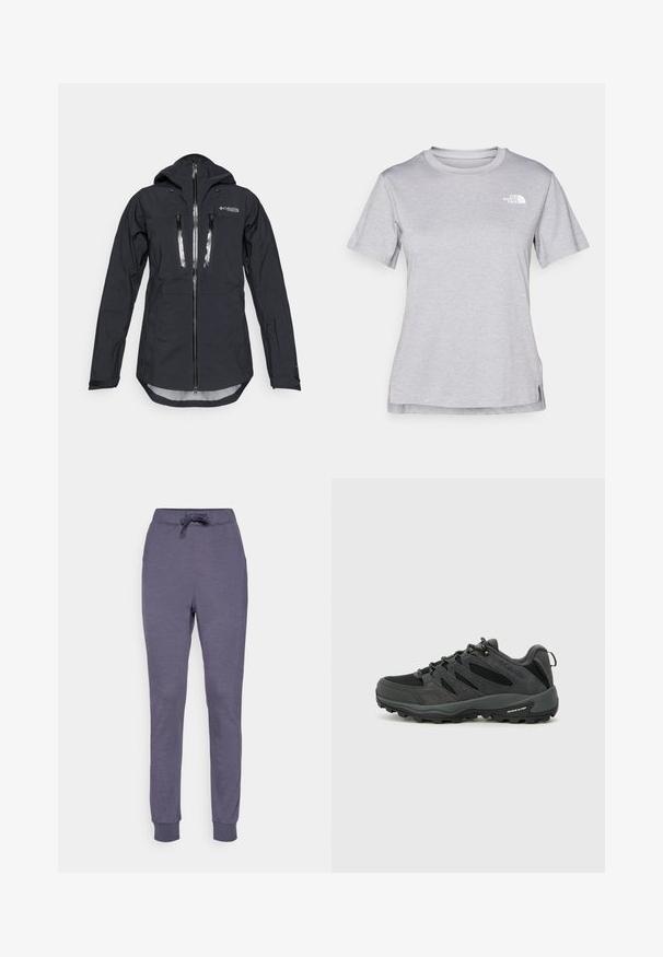 Black waterproof jacket with a hood, featuring a front zipper and two chest pockets. Made of textured, lightweight fabric with adjustable cuffs.; Grey short-sleeve t-shirt made of soft, moisture-wicking fabric. Features a crew neck and a small white logo on the upper left.; Gray jogger pants with an elastic waistband, drawstring, and ribbed cuffs. Made from a soft fabric with a smooth texture.; Columbia REDMOND - Hiking shoes - black/citron haze