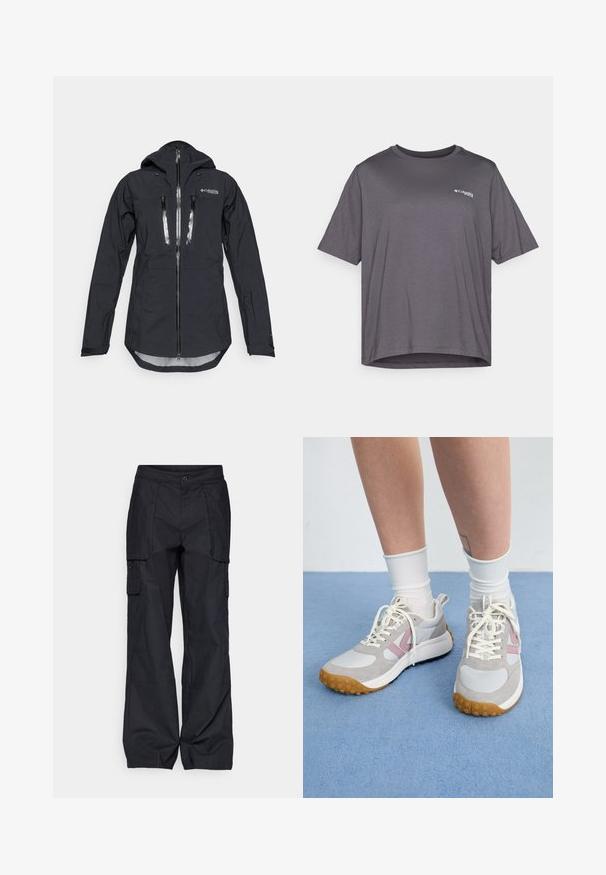 Schwarze wasserdichte Jacke mit Kapuze, ausgestattet mit einem Frontreißverschluss und zwei Brusttaschen. Hergestellt aus strukturiertem, leichtem Stoff mit verstellbaren Manschetten.; Kurzärmliges graues T-Shirt aus glattem Stoff. Verfügt über einen runden Halsausschnitt und ein kleines Logo, das auf der Brust gedruckt ist.; Columbia BREA FALLS™ COTTON RIPSTOP PANT - Outdoor-Hose - black; Hellgraue Sneakers mit pinken Akzenten, weißen Lederpanelen und einer strukturierten Gummisohle. Die Schnürsenkel sind cremefarben, und die Socken sind weiß.