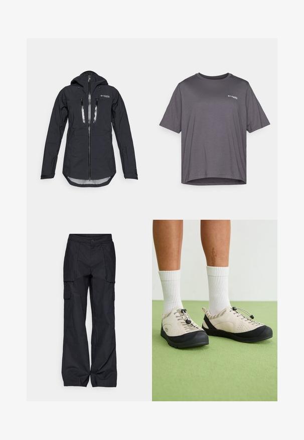 Melna ūdensnecaurlaidīga jaka ar kapuci, kas aprīkota ar priekšējo rāvējslēdzēju un divām krūšu kabatām. Izgatavota no teksturēta, viegla auduma ar regulējamiem aprocēm.; Īsām piedurknēm pelēks T-krekls, izgatavots no gluda auduma. Ar apaļu kakla izgriezumu un nelielu logotipu, kas drukāts uz krūšu daļas.; Columbia BREA FALLS™ COTTON RIPSTOP PANT - Āra bikses - black; Bežīgas kurpes ar melniem akcentiem, sieta sānu paneļiem un drošu šņorēšanas mehānismu. Biezas gumijas zoles ar rakstainu protektoru. Valkātas ar baltām zeķēm.