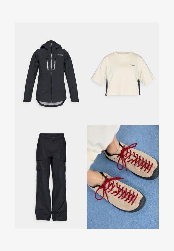 Giacca impermeabile nera con cappuccio, dotata di zip frontale e due tasche sul petto. Realizzata in tessuto leggero e testurizzato con polsini regolabili.; T-shirt cropped color crema con colletto rotondo, maniche corte e pannelli laterali neri; presenta un piccolo logo nero sul petto.; Columbia BREA FALLS™ COTTON RIPSTOP PANT - Pantaloni outdoor - black; Scarpe beige con lacci rossi, posizionate su una superficie blu testurizzata, rivelano parzialmente la caviglia di una persona. Le scarpe hanno un design sportivo.