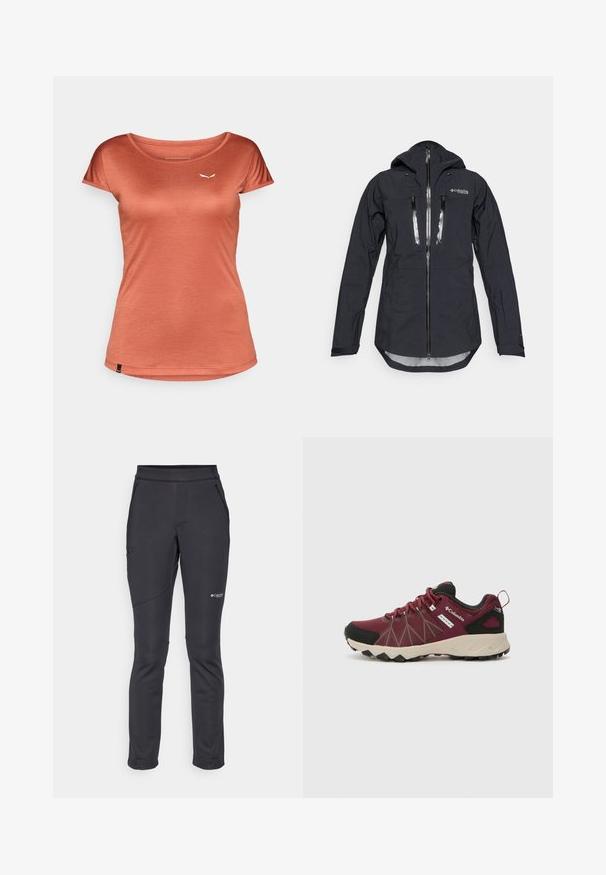 Črna vodoodporna jakna s kapuco, ki ima sprednji zadrgo in dve prsni žepi. Narejena je iz strukturnega, lahkega materiala z nastavljivimi zapestji.; T-maica v rjavi barvi, s kratkimi rokavi, okroglim ovratnikom, izdelana iz lahkotnega blaga, z majhnim belim logotipom na levi prsni strani, gladka tekstura.; Črne mehke hlače s prileganjem, elastičnim pasom, stranskimi žepi na zadrgo in šivanimi detajli na nogah za trpežnost.; Columbia PEAKFREAK™ II OUTDRY™ - Pohodniški čevlji - deep madeira/white peach