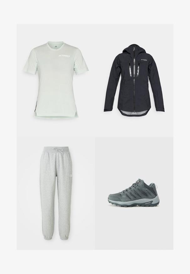 Melna ūdensnecaurlaidīga jaka ar kapuci, kas aprīkota ar priekšējo rāvējslēdzēju un divām krūšu kabatām. Izgatavota no teksturēta, viegla auduma ar regulējamiem aprocēm.; Gaiši piparmētru zaļš sporta krekls ar īsām piedurknēm, apaļu kakla izgriezumu, sietiņa sānu paneļiem un baltu "TERREX" logo uz krūtīm.; Pelēki sporta bikses ar elastīgu jostasvietu un auklu. Audums ir mīksts, ar elastīgām aprocēm pie potītēm un logotipa akcentu.; Vīriešu pārgājienu apavi tumši pelēkā krāsā, ar zamša un sieta augšpusi, gumijas zoli un pastiprinātu pirkstu daļu. Šņoru aizdare ar metalizētām akcentiem.