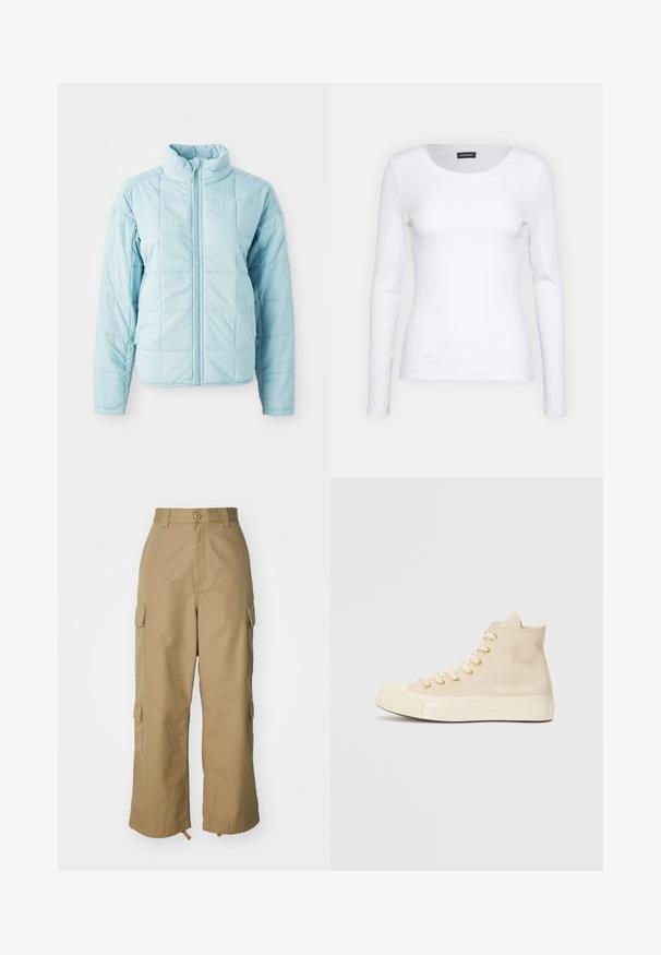 Svetlomodrá prešívaná bunda s predným zipsom a vysokým golierom, ktorá má dlhé rukávy a štvorcový vzor prešívania.; Biely rebrovaný top s dlhým rukávom a okrúhlym výstrihom. Vyrobený z pružného materiálu, ktorý obopína telo. Obsahuje jemné horizontálne pruhy.; béžové cargo nohavice s vysokým pásom, širokými nohavicami a štyrmi veľkými bočnými vreckami. Vyrobené z odolnej tkaniny s hladkou textúrou a minimálnymi detailmi.; Béžové vysoké tenisky vyrobené z hladkého plátna s zlatými očkami, bielou gumovou podrážkou a ochranným špičkou. Majú šnurovací predný dizajn.