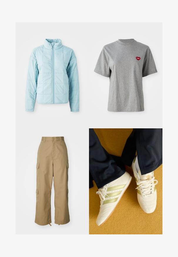 Casaco acolchoado azul claro com fecho de correr à frente e gola alta, apresentando mangas longas e padrão de costura quadrada.; T-shirt cinza de manga curta com decote redondo, com um pequeno patch em forma de coração vermelho no lado esquerdo do peito, com a inscrição "Carhartt WIP."; Calças cargo bege com uma cintura alta, pernas largas e quatro grandes bolsos laterais. Feitas de um tecido resistente com uma textura suave e minimalista.; Tênis atléticos brancos em couro com listras e detalhes dourados, apresentando um padrão texturizado e uma sola marrom clara, colocados sobre um fundo amarelo.