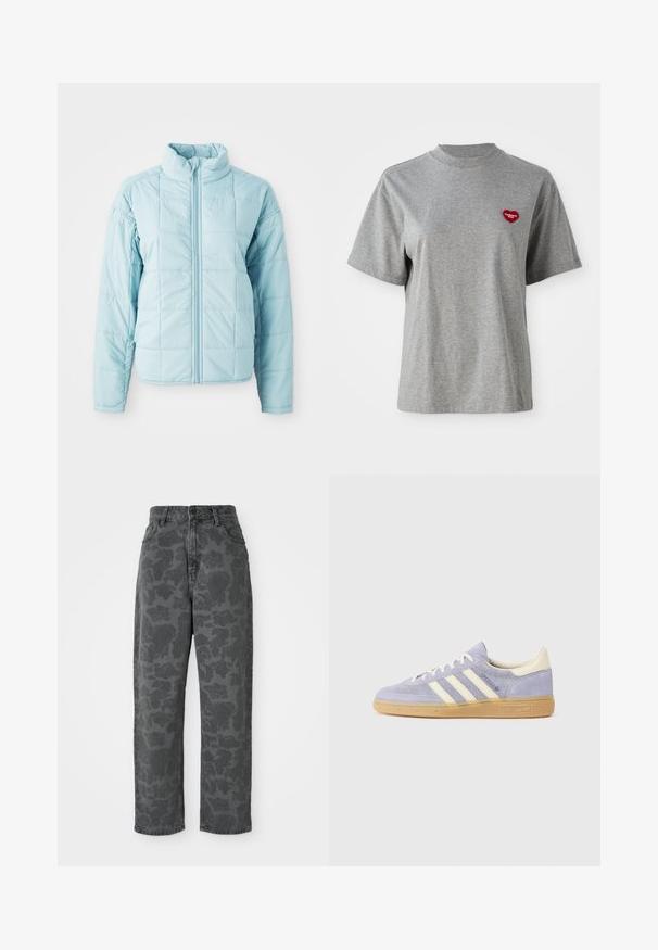 Vaaleansininen tilkkutakkia, jossa on edessä vetoketju ja korkea kaulus. Takissa on pitkät hihat ja neliömäinen tikkauskuvio.; Harmaa lyhythihainen crew neck -t-paita, jossa on pieni punainen sydämenmuotoinen tikkaukset vasemmassa rinnassa, jossa lukee "Carhartt WIP."; Harmaat farkut, joissa on kukkakuosi, korkealla vyötäröllä, suoralla lahkeella ja klassisella viidellä taskulla. Kestävä kangas, jossa on hieman tekstuuria.; Violetti samettikangaslenkkarit, joissa on kolme valkoista raitaa, kuminen pohja ja kermaiset yksityiskohdat kantapäässä ja kielessä. Minimalistinen muotoilu logotatilla.