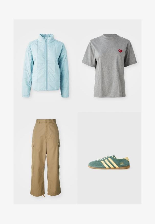 Lyseblå quiltet jakke med frontlynlås og høj krave, der har lange ærmer og kvadratisk stikningsmønster.; Grå kortærmet T-shirt med rund hals og en lille rød hjerteformet lap på venstre bryst, der står "Carhartt WIP."; Beige cargo bukser med høj talje, brede ben og fire store sidelommer. Fremstillet af slidstærkt stof med en glat tekstur og minimal detaljering.; Grønne ruskindsko med gule detaljer og tre striber. Rund tå, flad gummisål og fremtrædende mærke på siden.