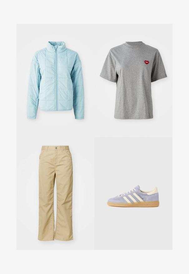 Giacca imbottita blu chiaro con zip frontale e colletto alto, dotata di maniche lunghe e motivo di cucitura a quadrati.; T-shirt grigio a maniche corte con scollo tondo, caratterizzato da una piccola toppa a forma di cuore rosso sul lato sinistro del petto con la scritta "Carhartt WIP."; Pantaloni beige in cotone a gamba larga con una texture liscia, dotati di tasche frontali e un bottone argentato in vita.; Sneaker in suede viola con tre strisce bianche, suola in gomma e dettagli crema sul tallone e sulla linguetta. Design minimalista con logo.