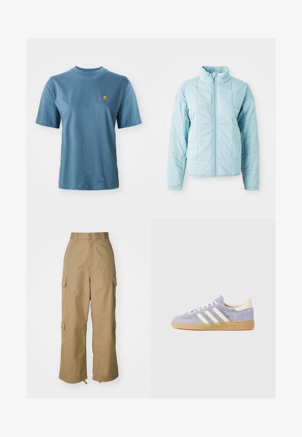 Vaaleansininen tilkkutakkia, jossa on edessä vetoketju ja korkea kaulus. Takissa on pitkät hihat ja neliömäinen tikkauskuvio.; Valkoinen puuvillainen t-paita lyhyillä hihoilla ja ribbaamalla muotoillulla kaula-aukolla. Vasemmassa rinnassa on pieni keltainen logo yksityiskohtana.; Beige cargo-housut korkealla vyötäröllä, leveillä lahkeilla ja neljällä suurella sivutaskulla. Valmistettu kestävästä kankaasta, jossa on sileä pinta ja minimaalinen yksityiskohtaisuus.; Violetti samettikangaslenkkarit, joissa on kolme valkoista raitaa, kuminen pohja ja kermaiset yksityiskohdat kantapäässä ja kielessä. Minimalistinen muotoilu logotatilla.