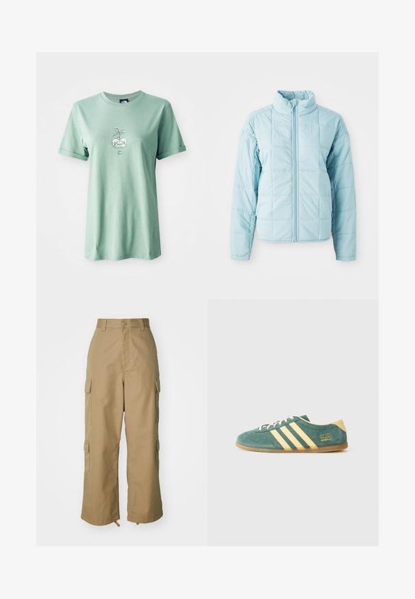 Világoskék steppelt dzseki elülső cipzárral és magas gallérral, hosszú ujjakkal és négyzetes varrásmintázattal.; Világos zöld pamut póló, rövid felhajtott ujjal, egy középen elhelyezett grafikával egy növényről, amely egy kerek virágcserepben található, logóval az alsó elülső részen.; Beige vászon nadrág magas derékkal, széles lábakkal és négy nagy oldalzsebbel. Tartós anyagból készült, sima textúrával és minimális részletekkel.; Zöld velúr cipő sárga részletekkel és három csíkkal. Kerek orrú, lapos gumitalppal és hangsúlyos márkalogóval az oldalon.