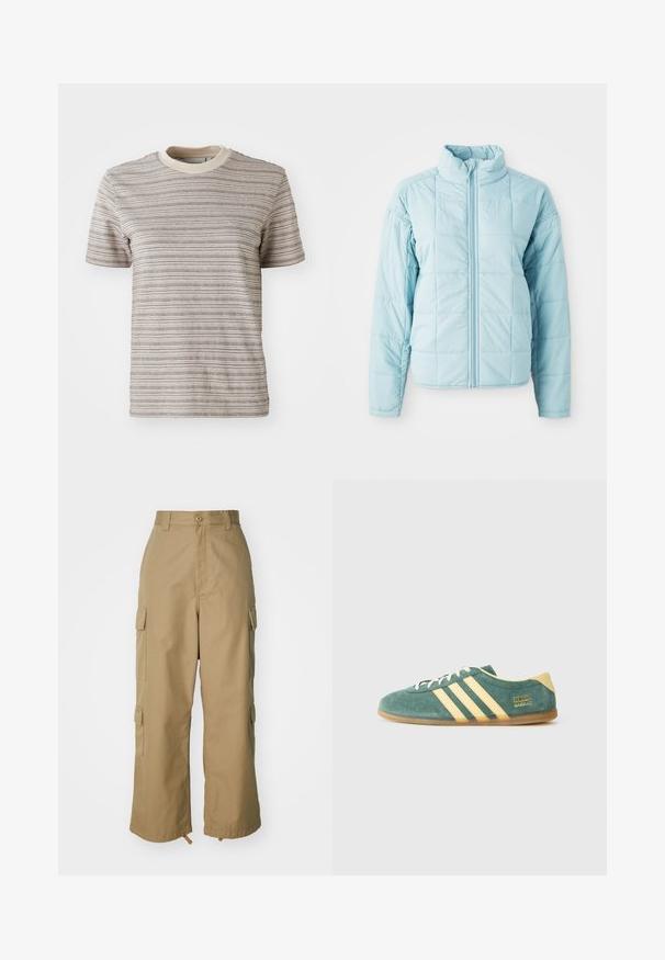 Világoskék steppelt dzseki elülső cipzárral és magas gallérral, hosszú ujjakkal és négyzetes varrásmintázattal.; Csíkos, rövid ujjú póló bézs és krém színben. Kerek nyakú, kontrasztos gallérral és textúrált anyagmintával rendelkezik.; Beige vászon nadrág magas derékkal, széles lábakkal és négy nagy oldalzsebbel. Tartós anyagból készült, sima textúrával és minimális részletekkel.; Zöld velúr cipő sárga részletekkel és három csíkkal. Kerek orrú, lapos gumitalppal és hangsúlyos márkalogóval az oldalon.