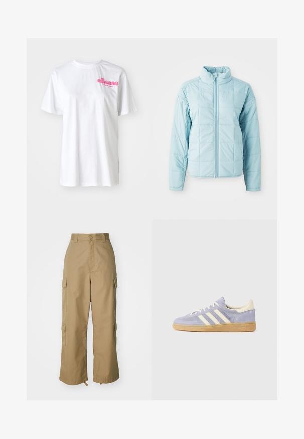 Šviesiai mėlynas siuvinėtas paltas su priekiniu užtrauktuku ir aukštu apykakle, su ilgomis rankovėmis ir kvadratiniu siuvinėjimo raštu.; Balta medvilnė marškinėliai su trumpomis rankovėmis, su rožiniu "ellesse" logotipu ant krūtinės. Klasikinio apvalaus iškirpimo dizainas.; Šviesiai rudos spalvos cargo kelnės su aukštu liemeniu, plačiomis kojomis ir keturiomis didelėmis šoninėmis kišenėmis. Pagamintos iš patvarios medžiagos su lygiu paviršiumi ir minimaliais detalėmis.; Violet suede sportbačiai su trimis baltais dryžiais, guminėmis padais ir kreminės spalvos akcentais ant kulno ir liežuvėlio. Minimalistinis dizainas su logotipo detale.