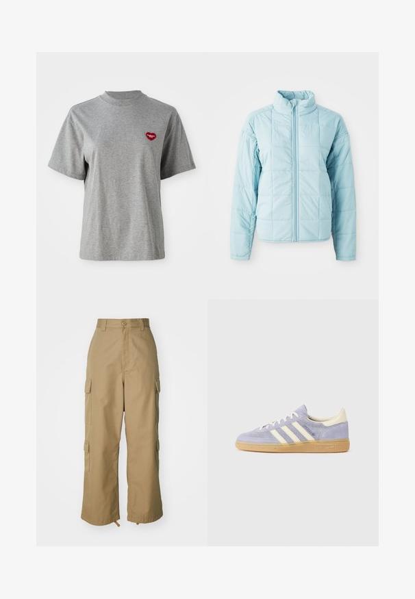 Lyseblå quiltet jakke med frontlynlås og høj krave, der har lange ærmer og kvadratisk stikningsmønster.; Grå kortærmet T-shirt med rund hals og en lille rød hjerteformet lap på venstre bryst, der står "Carhartt WIP."; Beige cargo bukser med høj talje, brede ben og fire store sidelommer. Fremstillet af slidstærkt stof med en glat tekstur og minimal detaljering.; Lilla ruskindsneaker med tre hvide striber, gummisål og cremefarvede detaljer ved hælen og tungen. Minimalistisk design med logodetalje.