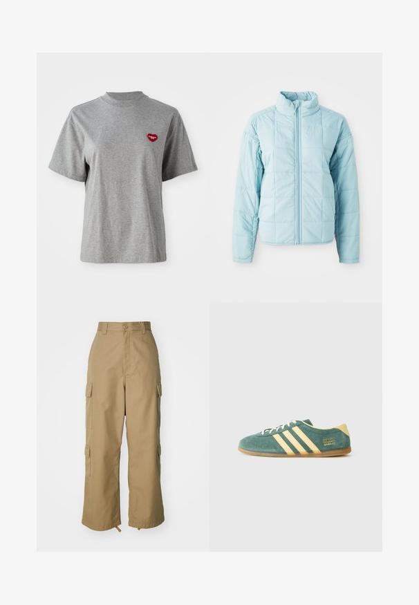 Svijetloplava jakna s kvadratičastim šavovima, s prednjim zatvaračem i visokim ovratnikom, s dugim rukavima.; Siva majica s kratkim rukavima i okruglim izrezom, s malim crvenim srcem na lijevoj strani prsnog koša na kojem piše "Carhartt WIP."; Bež cargo hlače visokog struka, širokih nogavica i četiri velika bočna džepa. Napravljene su od izdržljivog materijala s glatkom teksturom i minimalnim detaljima.; Zelene suède cipele s žutim naglascima i tri trakice. Zaobljen vrh, ravni gumenasti đon i istaknuti brend logo sa strane.