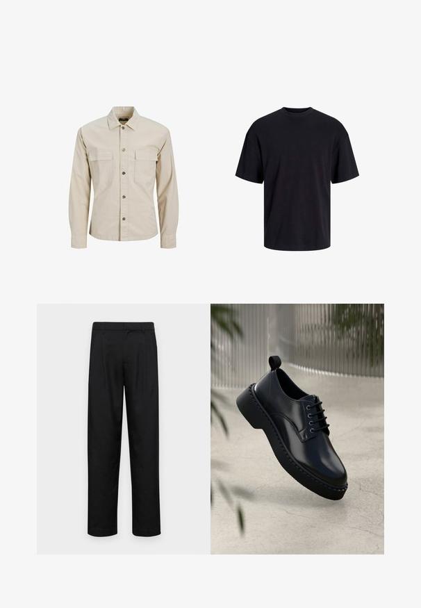 Šviesiai smėlinė ilgos rankovės marškiniai, pagaminti iš medvilnės, su apykakle, sagų priekyje ir dviem krūtinės kišenėmis su uždengiamais užsegimais.; Juodas medvilninis marškinėlis su apvaliu iškirpimu, trumpomis rankovėmis ir laisvu siluetu. Glotni tekstūra, be matomų raštų ar akcentų.; Juodi kelnių modeliai, pagaminti iš lygios medžiagos, turi tiesią kojas, du priekiniai klostės ir standartinę juosmenį su diržo kilpomis.; Juodas odinis batų modelis su apvaliu pirštu, raištelių dizainu ir storu guminio pado, kuris turi tekstūruotą kraštą. Išskirtinė apdaila ir minimalus aksesuarų kiekis.
