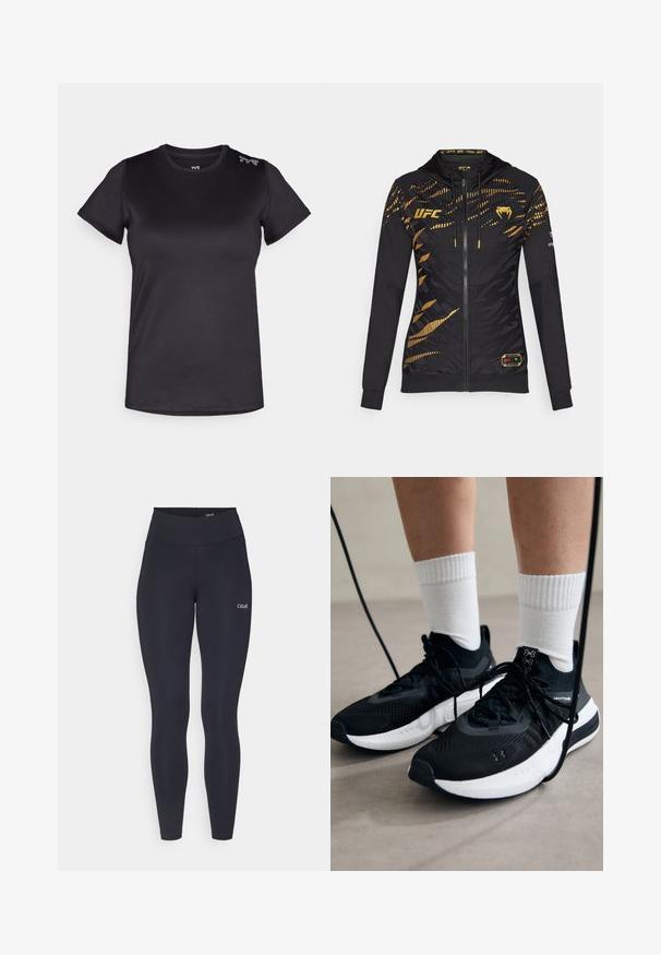 Jachetă neagră cu fermoar, decorată cu accente aurii, cu glugă și un model texturat în dungi de tigru. Logo-ul "UFC" este afișat proeminent pe piept.; Cămașă sport scurtă neagră cu mânecă scurtă, cu un finisaj texturat și guler rotund; prezintă un logo alb pe umărul stâng.; Colanți negri cu talie înaltă, fabricați dintr-un material elastic, având un mic logo alb pe coapsă și o textură netedă.; Căști atletice negre cu țesătură texturată, talpă albă și șireturi negre. Purtați cu șosete albe cu riflaje, stând pe o suprafață deschisă.