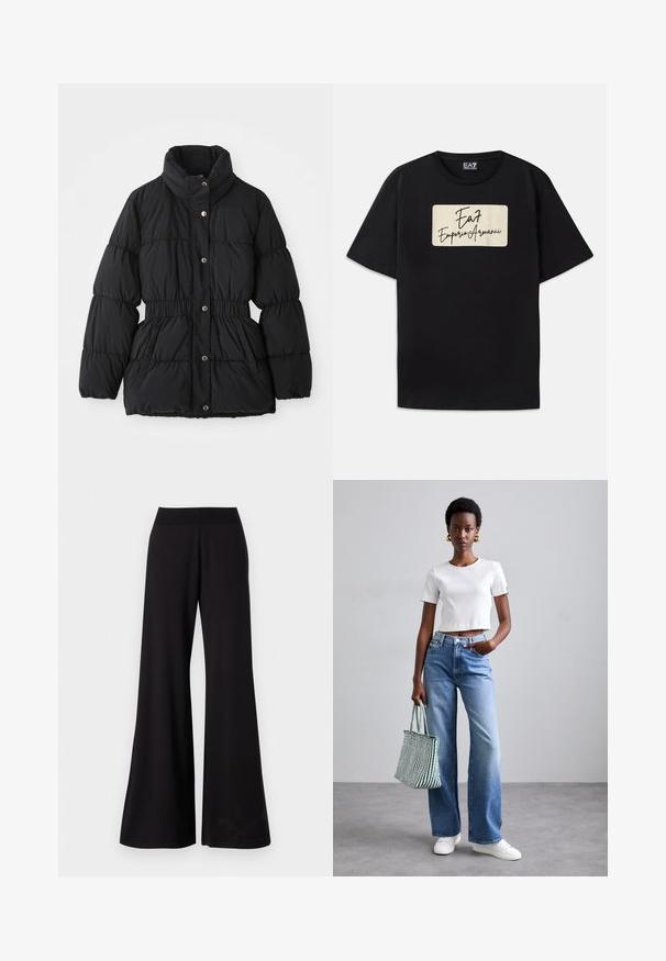 Svart polstret vinterjakke med høy krage, elastisk liv, trykknappslukking og sidelommer.; Svart bomull T-skjorte med et rektangulært merke logo i kremfarget med håndskrevet stil. Korte ermer og standard passform.; Svarte vide bukser laget av glatt stoff med høy, elastisk midje. Bukser har full lengde og et enkelt design uten mønstre.; Hvit ribbet cropped t-skjorte, lyseblå vide jeans og hvite joggesko. Holder en grønn og hvit stripete totebag.