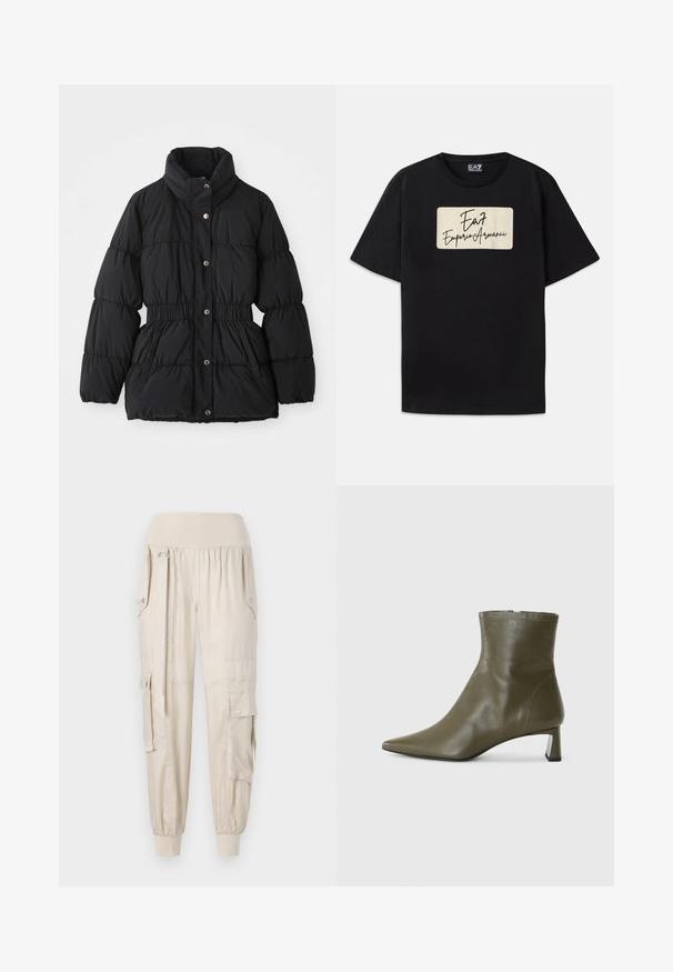 Fekete párnázott téli kabát magas gallérral, elasztikus derékkal, patentos záródással és oldalsó zsebekkel.; Fekete pamut póló, amelyen egy téglalap alakú márka logó található krém színben, kézírásos stílusú szöveggel. Rövid ujjú és standard fazonú.; Beige katonai nadrág rugalmas derékpánttal, szűkített szárakkal, oldalsó zsebekkel és gombdíszítéssel. Könnyű anyagból készült, sima textúrával.; Olive zöld bőr bokacsizma hegyes orral és 4 cm-es tömbsarokkal; sima textura és minimalista dizájn cipzáras záródással.