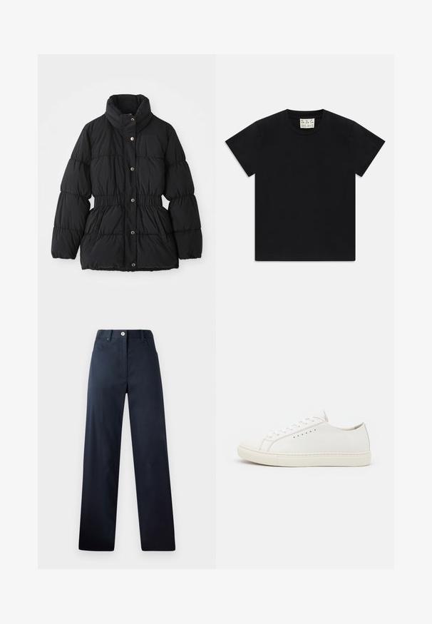 Svart polstret vinterjakke med høy krage, elastisk liv, trykknappslukking og sidelommer.; Svart kortermet t-skjorte med rund hals og et hvitt merket innvendig i kragen med teksten "D.R.C. EST. 2002" på hvit bakgrunn.; Mørk marineblå bukser med rett ben-design, laget av glatt stoff. Har frontlommer, knappeåpning og subtile sømdetaljer.; Hvite lær sneakers med glatt tekstur, rund tå, minimale snøringer og flat gummisåle. Enkelt design uten ekstra aksenter.