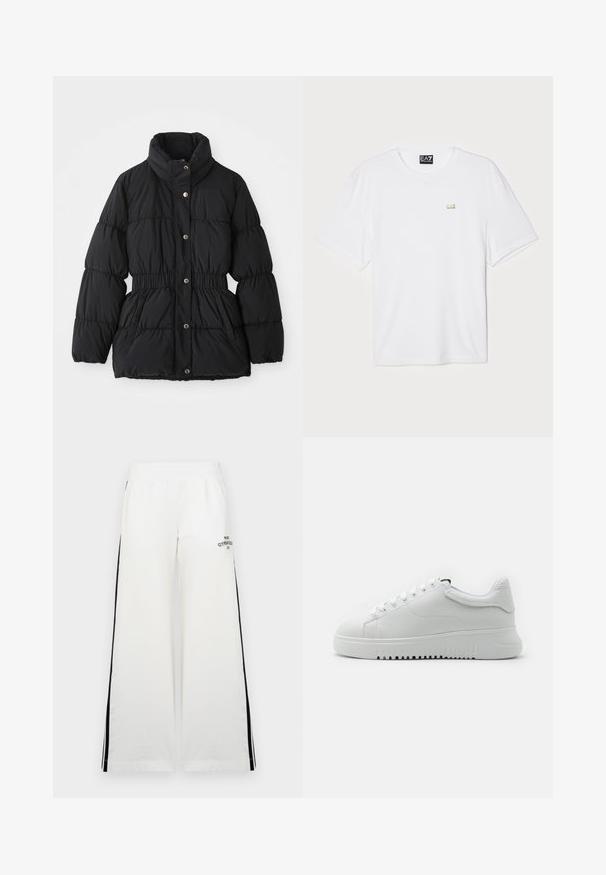 Black padded winter jacket with high collar, elastic waist, snap button closure, and side pockets.; White cotton t-shirt with short sleeves, crew neckline, featuring a small gold EA7 logo on the left chest area.; White wide-leg pants with an elastic waistband, features black side stripes and printed text on the front left. Smooth fabric texture.; White sneakers with a textured leather upper, round toe, and lace-up design. Thick white rubber sole with textured grip pattern.