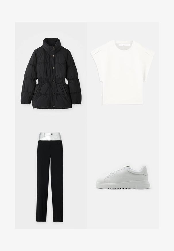 Crna zimska jakna s podstavom, visokim ovratnikom, elastikom u struku, zatvaranjem na dugmadi i bočnim džepovima.; Bijela majica u kutijastom kroju s kratkim rukavima. Izrađena od glatkog materijala, sa okruglim izrezom i suptilnim naglascima na ramenima. Jednostavan dizajn.; Crne hlače s sjajnim srebrnim pojasom. Imaju zatvaranje na dugme i četiri džepa, s krojem prilagođenim tijelu i ravnim nogavicama.; Bijele tenisice s gornjim dijelom od teksturirane kože, okruglim vrhom i vezanjem. Debeli bijeli gumeni potplat s teksturiranim uzorkom za bolje prianjanje.