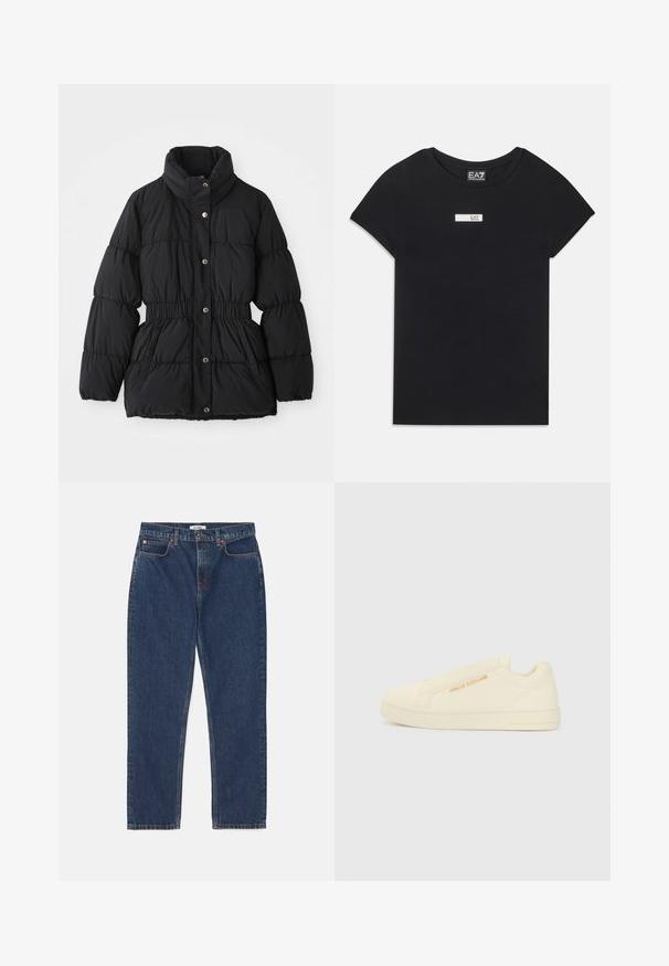 Svart polstret vinterjakke med høy krage, elastisk liv, trykknappslukking og sidelommer.; Svart T-skjorte med korte ermer laget av bomull, med et hvitt rektangulært logopatch merket "EA7" på brystområdet.; RE/DONE LOOSE LONG - Jeans straight leg - dark blue denim; Kremfargede slip-on sneakers med en glatt tekstur, som har en hevet logo aksent og et minimalistisk design. Tjukk gummisåle for støtte.