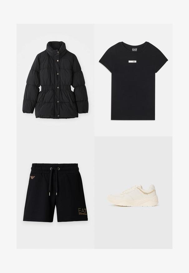 Juoda pūsta žiemos striukė su aukštu apykakle, elastingu cintura, užsegimu užspaustumis knopkėmis ir šoninėmis kišenėmis.; Juodas trumpas rankovėmis medvilnės marškinėliai, su baltu stačiakampiu logotipo ženkleliu "EA7" priekyje ant krūtinės.; Juodos medvilninės šortai su elastine juosmens juosta ir raišteliais. Priekyje yra auksinis logotipo užrašas ir papuošimai. Du šoniniai kišenės.; Kremo spalvos sportiniai batai su lygiu odiniu paviršiumi, tekstūruotais akcentais, siūlėmis ir masyviu guminio pado. Yra maža dekoratyvinė grandinėlė.