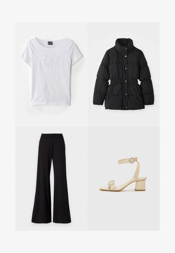 Černá zimní bunda s polstrováním, vysokým límcem, elastickým pasem, zapínáním na patentky a bočními kapsami.; Bílá bavlněná tričko s krátkým rukávem, kulatým výstřihem a vyvýšeným bílým výšivkovým logem "EA7 Emporio Armani" na přední straně.; Černé široké kalhoty vyrobené z hladké látky s vysokým, elastickým pasem. Kalhoty mají dlouhou délku a jednoduchý design bez vzorů.; Béžové sandály na vysokém podpatku s minimalistickým designem, které mají dva kulaté akcenty a silný podpatek. Vyrobené z hladké kůže.