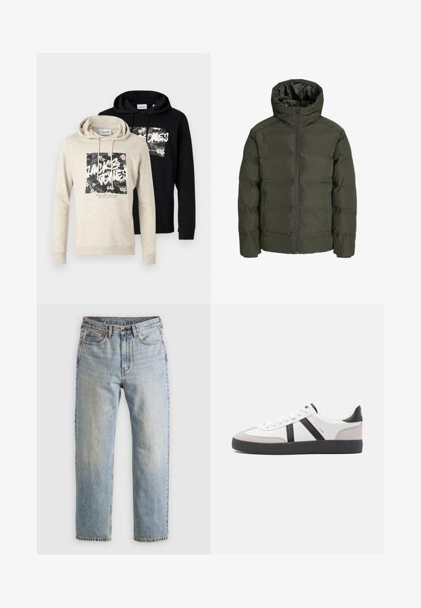 Alyvuogių spalvos pūkinė striukė su gobtuvu, su priekiu užtraukiama užtrauktuku, siuvinėtu dizainu ir elastingomis rankovėmis. Lygus audinys su izoliacija.; Olive žalios spalvos megztinis su apvaliu iškirpimu, ilgomis rankovėmis ir raštuotais rankogaliais. Pasižymi tekstūruotu raštu ir laisvu siluetu.; Du mieliniai džemperiai: vienas šviesiai pilkas su gėlių grafika ir tekstu, o kitas visiškai juodas. Abu turi kengūros kišenes ir styginių gobtuvus.; Šviesiai mėlynos džinsinės kelnės su aukštu liemeniu, priekyje mygtukas, užtrauktukas ir penkių kišenių dizainas, išklotos ant neutralios fono.; Balti sportbačiai su juodais ir pilkais akcentais, pasižymintys tekstūruotu pilku pirštų dangteliu, juoda gumine padais ir plokščiomis baltomis raišteliais. Švarus dizainas, minimalistinis stilius.