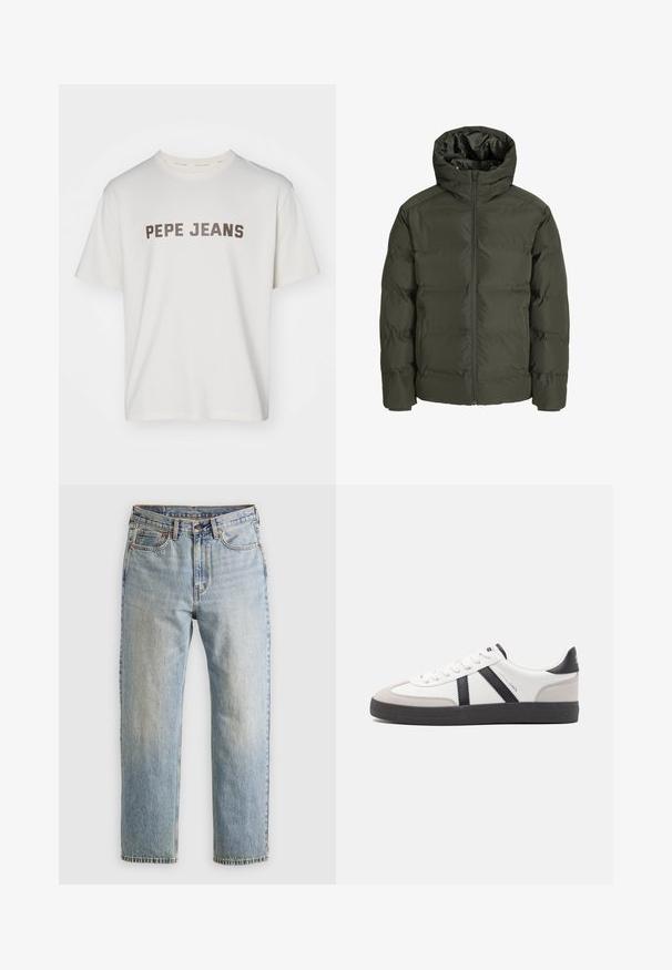 Chaqueta puffer verde oliva con capucha, que presenta un cierre frontal, diseño acolchado y puños elásticos. Tejido suave con aislamiento.; Jersey de color verde oliva tejido, con un cuello redondo, mangas largas y puños acanalados. Presenta un patrón texturizado y un corte holgado.; Camiseta de algodón blanca con la inscripción "PEPE JEANS" en letras marrones negritas en el pecho. Cuello redondo estándar y mangas cortas.; Jeans de mezclilla azul claro de cintura alta, con botón frontal, cremallera y diseño de cinco bolsillos, dispuestos sobre un fondo neutro.; Zapatilla blanca con acentos en negro y gris, que presenta una puntera texturizada en gris, suela de goma negra y cordones planos blancos. Diseño limpio, estilo minimalista.