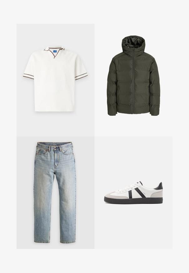 Olive zaļš pūķa jaka ar kapuci, ar priekšējo rāvējslēdzēju, kvilts dizainu un elastīgām aprocēm. Gluda auduma ar izolāciju.; Olīvzaļš adīts džemperis ar apaļu apkakli, garām piedurknēm un ribinātām aprocēm. Iekļauj teksturētu rakstu un brīvu piegriezumu.; Balts īsām piedurknēm polo krekls ar V-veida kakla izgriezumu, uz kura redzami brūni akcentu svītriņas apkaklē un piedurknēs. Izgatavots no mīksta, strukturēta materiāla.; Gai zila denima bikses ar augstu jostasvietu, priekšējo pogu, rāvējslēdzēju un piecu kabatu dizainu, izlīdzinātas uz neitrāla fona.; Baltas sneakeris ar melniem un pelēkiem akcentiem, kuram ir teksturēts pelēks purngals, melna gumijas zole un plakanas baltas šņores. Tīrs dizains, minimālisma stils.