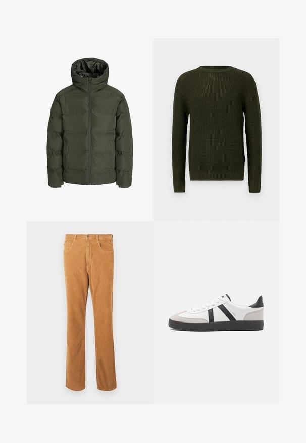 Olijfgroene pufferjack met een capuchon, voorzien van een rits aan de voorkant, een quilted ontwerp en elastische manchetten. Glad materiaal met isolatie.; Olijfgroen gebreid sweater met een ronde halslijn, lange mouwen en geribbelde manchetten. Heeft een textuurpatroon en een relaxte pasvorm.; Lichtbruine corduroybroek met een klassiek vijf-pocket ontwerp en knoopsluiting, plat weergegeven op een witte achtergrond.; Witte sneaker met zwarte en grijze accenten, voorzien van een grijze neus met textuur, zwarte rubberen zool en platte witte veters. Schoon ontwerp, minimalistische stijl.
