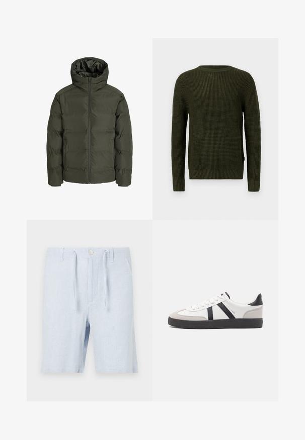 Alyvuogių spalvos pūkinė striukė su gobtuvu, su priekiu užtraukiama užtrauktuku, siuvinėtu dizainu ir elastingomis rankovėmis. Lygus audinys su izoliacija.; Olive žalios spalvos megztinis su apvaliu iškirpimu, ilgomis rankovėmis ir raštuotais rankogaliais. Pasižymi tekstūruotu raštu ir laisvu siluetu.; Šviesiai mėlynos dryžuotos šortai su raišteliu, priekinėmis kišenėmis ir mygtuko uždarymu, pagaminti iš lengvos medžiagos.; Balti sportbačiai su juodais ir pilkais akcentais, pasižymintys tekstūruotu pilku pirštų dangteliu, juoda gumine padais ir plokščiomis baltomis raišteliais. Švarus dizainas, minimalistinis stilius.