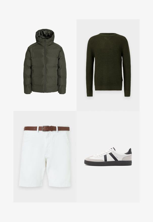 Alyvuogių spalvos pūkinė striukė su gobtuvu, su priekiu užtraukiama užtrauktuku, siuvinėtu dizainu ir elastingomis rankovėmis. Lygus audinys su izoliacija.; Olive žalios spalvos megztinis su apvaliu iškirpimu, ilgomis rankovėmis ir raštuotais rankogaliais. Pasižymi tekstūruotu raštu ir laisvu siluetu.; Balti medvilniniai šortai su ruduo odiniu diržu ir sidabriniu sagtimi. Mygtukų ir užtrauktuko uždarymas, šoninės kišenės ir apdailinti iešmai.; Balti sportbačiai su juodais ir pilkais akcentais, pasižymintys tekstūruotu pilku pirštų dangteliu, juoda gumine padais ir plokščiomis baltomis raišteliais. Švarus dizainas, minimalistinis stilius.
