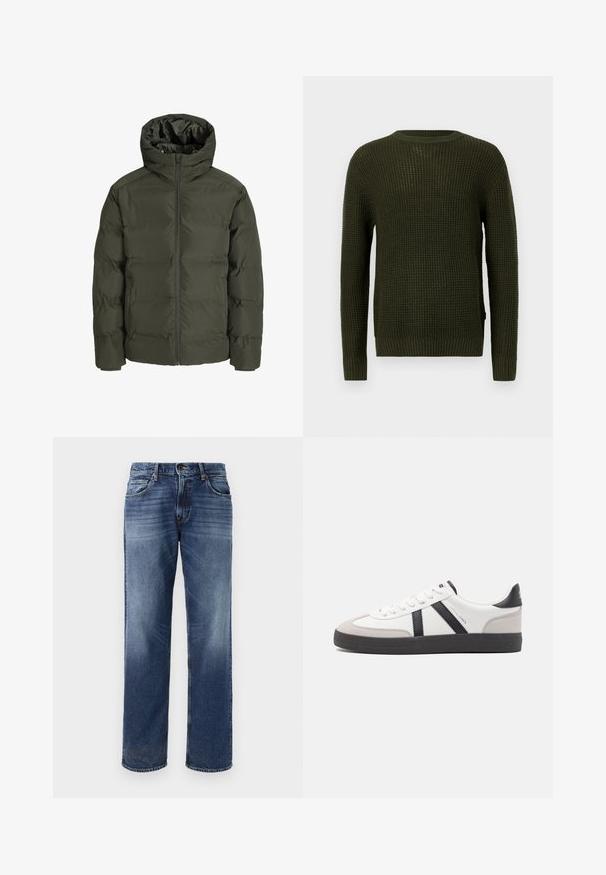 Olivi vihreä puhvitakki hupulla, jossa on edessä vetoketju, tikattu muotoilu ja joustavat hihansuut. Sujuva kangas eristyksellä.; Olivinvihreä neulepusero, jossa on pyöreä kaula-aukko, pitkät hihat ja ribattu resori. Varustettu rakenteellisella kuviolla ja rennolla istuvuudella.; Miesten siniset farkut suoran lahje-mallilla, vaalealla haalistumisella, viidellä taskulla ja nappisuljennalla.; Valkoiset lenkkarit mustilla ja harmailla yksityiskohdilla, joissa on teksturoitu harmaa kärki, musta kumipohja ja litteät valkoiset nauhat. Siisti muotoilu, minimalistinen tyyli.