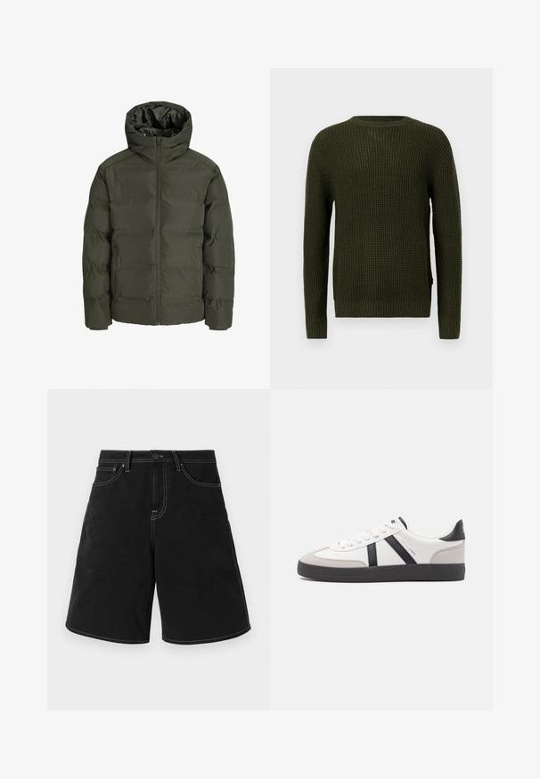 Olivi vihreä puhvitakki hupulla, jossa on edessä vetoketju, tikattu muotoilu ja joustavat hihansuut. Sujuva kangas eristyksellä.; Olivinvihreä neulepusero, jossa on pyöreä kaula-aukko, pitkät hihat ja ribattu resori. Varustettu rakenteellisella kuviolla ja rennolla istuvuudella.; Mustat farkkushortsit suoran leikkauksen kanssa, joissa on kontrastoiva valkoinen ommel, etutaskut ja nappivyötärö. Sileä pinta.; Valkoiset lenkkarit mustilla ja harmailla yksityiskohdilla, joissa on teksturoitu harmaa kärki, musta kumipohja ja litteät valkoiset nauhat. Siisti muotoilu, minimalistinen tyyli.