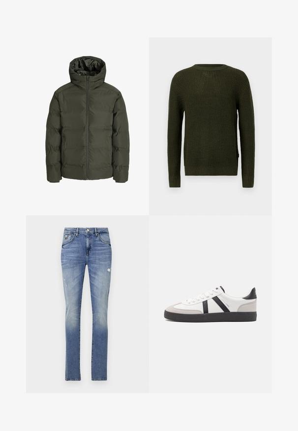 Olivi vihreä puhvitakki hupulla, jossa on edessä vetoketju, tikattu muotoilu ja joustavat hihansuut. Sujuva kangas eristyksellä.; Olivinvihreä neulepusero, jossa on pyöreä kaula-aukko, pitkät hihat ja ribattu resori. Varustettu rakenteellisella kuviolla ja rennolla istuvuudella.; Vaaleansiniset farkut klassisella leikkauksella, joissa on haalistunut pinta, kevyttä kulutusta, vyölenkkejä, viisi taskua ja hopeaa metalliosaa.; Valkoiset lenkkarit mustilla ja harmailla yksityiskohdilla, joissa on teksturoitu harmaa kärki, musta kumipohja ja litteät valkoiset nauhat. Siisti muotoilu, minimalistinen tyyli.