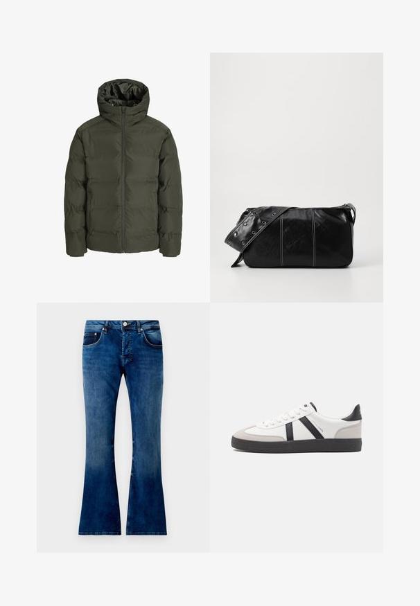 Oliwkowa kurtka puchowa z kapturem, z zamkiem błyskawicznym z przodu, pikowany design i elastyczne mankiety. Gładki materiał z ociepleniem.; Beżowy sweter dzianinowy o teksturowanym wzorze, z klasycznym kołnierzykiem i ściągaczami na rękawach. Wykonany z miękkiego, lekkiego materiału.; Niebieskie dżinsy w stylu dzwonów o średnim odcieniu, z pięcioma kieszeniami, zapięciem na guzik i widocznym przeszyciem. Gładka tekstura z lekkim wyblaknięciem.; Białe sneakersy z czarnymi i szarymi akcentami, z teksturowanym szarym czubkiem, czarną gumową podeszwą i płaskimi białymi sznurowadłami. Czysty design, minimalistyczny styl.; Czarna skórzana torba na ramię z zamkiem błyskawicznym, charakteryzująca się teksturowanym korpusem, białymi przeszyciami oraz paskiem z srebrnymi osłonkami.