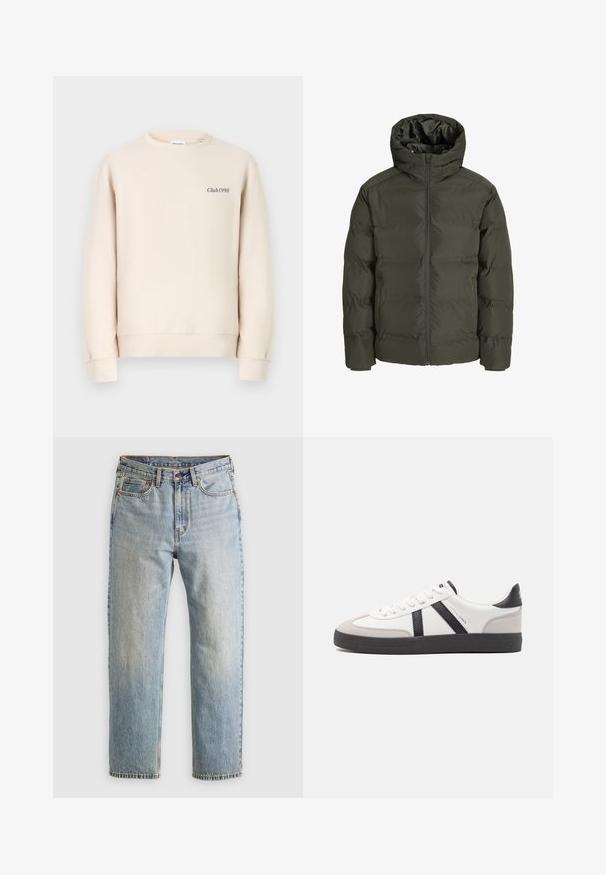 Olivgrön puffjacka med huva, med en främre dragkedja, quiltat mönster och elastiska manschetter. Slät tyg med isolering.; Beige sweatshirt med rund halsringning, långa ärmar, ribbade muddar och "Club1990" broderat på framsidan i en mörk färg.; Ljusblå denimjeans med hög midja, framknäppning, dragkedja och femficksdesign, placerade platt på en neutral bakgrund.; Vit sneaker med svarta och grå accenter, med en strukturerad grå tådel, svart gummisul, och platta vita skosnören. Ren design, minimalistisk stil.