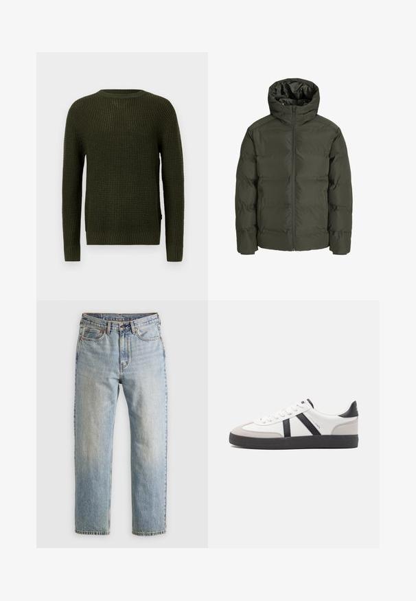 Giubbino imbottito verde oliva con cappuccio, dotato di zip frontale, design trapuntato e polsini elastici. Tessuto liscio con isolamento.; Maglione lavorato a maglia verde oliva con scollo rotondo, maniche lunghe e polsini a costine. Presenta un pattern texturizzato e una vestibilità morbida.; Jeans in denim azzurro chiaro con vita alta, bottone anteriore, cerniera e design a cinque tasche, adagiati su uno sfondo neutro.; Sneaker bianco con accenti neri e grigi, dotata di una punta grigia testurizzata, suola in gomma nera e lacci bianchi piatti. Design pulito, stile minimalista.