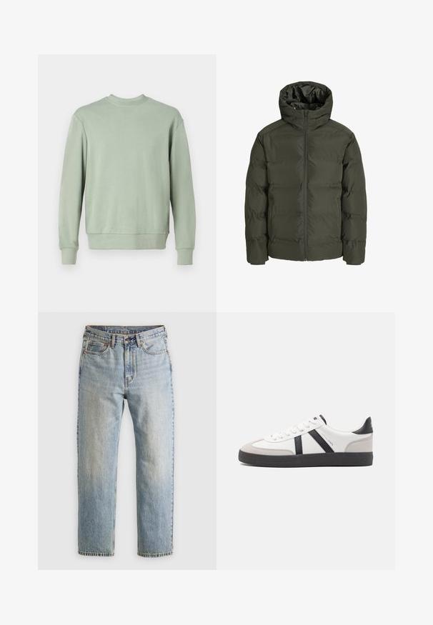 Olivovo zelená puffová bunda s kapucňou, so zipsom na prednej strane, prešívaným dizajnom a elastickými manžetami. Hladká tkanina s izoláciou.; Zelená mikina s kulatým výstřihem vyrobená z měkké látky, s dlouhými rukávy, žebrovanými manžetami a volným střihem. Jednoduchý design bez vzorů nebo akcentů.; Svetlomodré džínsy s vysokým pásom, predným gombíkom, zipsom a dizajnom s piatimi vreckami, rozložené na neutrálnom pozadí.; Biele tenisky s čiernymi a šedými akcentmi, s textúrovanou šedou špičkou, čiernou gumovou podrážkou a plochými bielymi šnúrkami. Čistý dizajn, minimalistický štýl.