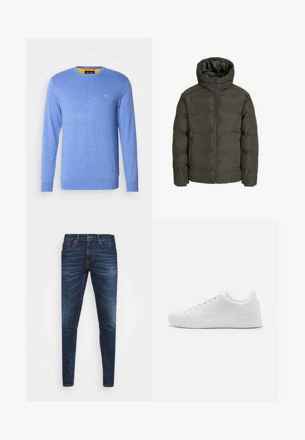 Olijfgroene pufferjack met een capuchon, voorzien van een rits aan de voorkant, een quilted ontwerp en elastische manchetten. Glad materiaal met isolatie.; Lichtblauwe gebreide trui met lange mouwen, ronde hals; heeft een klein gouden embleem op de borst en een contrasterende gele binnenkraag.; Donkerblauwe denim jeans met een slim fit, subtiele vervaging, vijf zakken en een metalen knoopsluiting. Gestikte accenten in contrasterende kleur.; Witte sneakers met een gladde synthetische bovenkant, ronde neus, zes oogjes voor veters en een lage rubberen zool met textuurdetails.