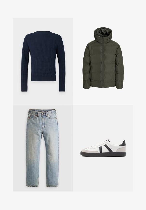 Olive zelena puhovka s kapuco, ki ima sprednji zadrgo, prešito zasnovo in elastične manšete. Gladek material z izolacijo.; Temno modra pletena pulover s teksturiranim vzorcem, dolgi rokavi, okrogla ovratnika ter rebrastimi manšetami in robom. Ima diskreten logo na strani.; Svetlo modri džins hlače z visokim pasom, sprednjim gumbom, zadrgo in petimi žepi, laid flat na nevtralni podlagi.; Bela športna obutev z črnimi in sivo akcenti, z teksturirano sivo kapico za prste, črnim gumijastim podplatom in ravnimi belimi vezalkami. Čista zasnova, minimalistični slog.