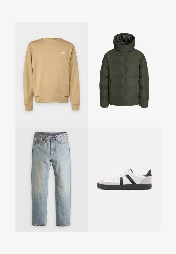 Veste en duvet vert olive avec capuche, dotée d'une fermeture éclair à l'avant, d'un design matelassé et de poignets élastiques. Tissu doux avec isolation.; Sweatshirt beige avec col rond et poignets côtelés, arborant un discret texte "Club1990" en blanc sur la zone du côté gauche de la poitrine. Texturé lisse.; Jean en denim bleu clair à taille haute, avec bouton avant, fermeture éclair et design à cinq poches, posé à plat sur un fond neutre.; Baskets blanches avec des accents noirs et gris, présentant un embout texturé gris, une semelle en caoutchouc noir et des lacets plats blancs. Design épuré, style minimaliste.