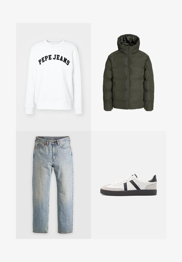 Olivovo zelená puffová bunda s kapucňou, so zipsom na prednej strane, prešívaným dizajnom a elastickými manžetami. Hladká tkanina s izoláciou.; Biely sweatshirt vyrobený z bavlny, s okrúhlym výstrihom, dlhými rukávmi a na prednej strane s čiernym potlačou "PEPE JEANS".; Svetlomodré džínsy s vysokým pásom, predným gombíkom, zipsom a dizajnom s piatimi vreckami, rozložené na neutrálnom pozadí.; Biele tenisky s čiernymi a šedými akcentmi, s textúrovanou šedou špičkou, čiernou gumovou podrážkou a plochými bielymi šnúrkami. Čistý dizajn, minimalistický štýl.